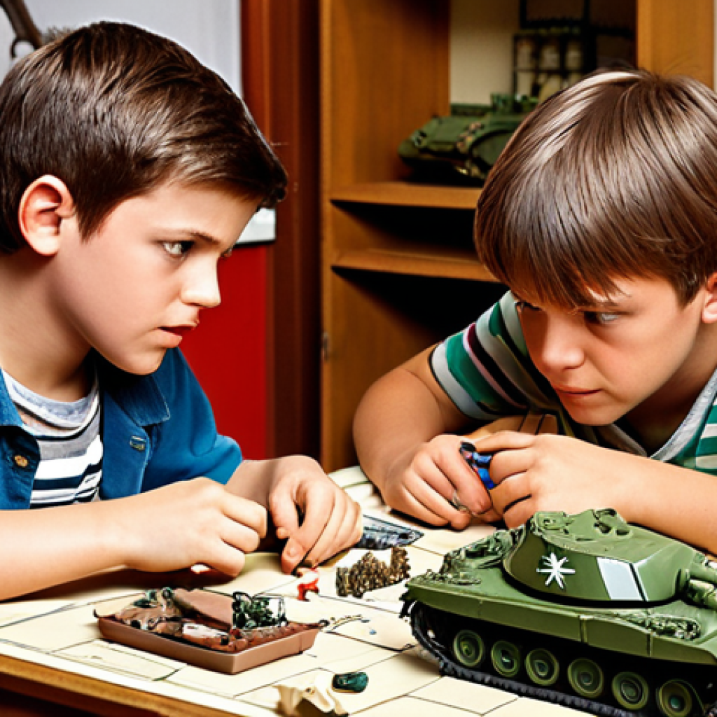 **

A nostalgic scene of childhood model building. Two young boys are intensely focused, sitting at a table covered with model parts and instructions for a Tamiya 1/35 scale tank. The room is slightly messy, suggesting a dedicated hobby space. The atmosphere is warm and filled with the joy of creation and camaraderie. Focus on capturing the intricate details of the model parts and the boys' expressions of concentration.

**