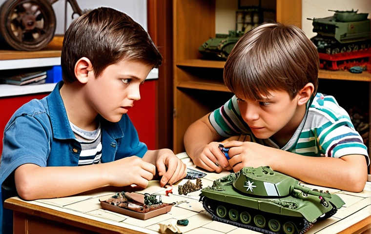 **

A nostalgic scene of childhood model building. Two young boys are intensely focused, sitting at a table covered with model parts and instructions for a Tamiya 1/35 scale tank. The room is slightly messy, suggesting a dedicated hobby space. The atmosphere is warm and filled with the joy of creation and camaraderie. Focus on capturing the intricate details of the model parts and the boys' expressions of concentration.

**