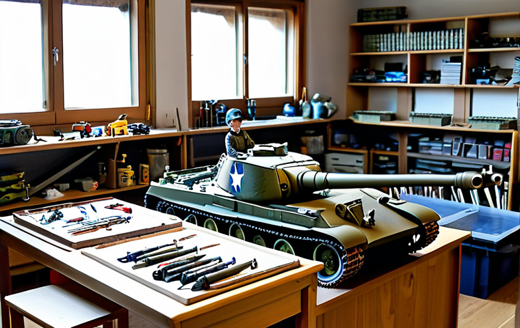 **

"A well-lit hobby room filled with various plastic model kits (planes, tanks, cars), organized shelves, tools, paints, and a partially assembled Tamiya 1/35 German Tank Panther Ausf.D on the workbench. Natural daylight streaming through the window. Focus on the details of the model and the hobby environment. Safe for work, appropriate content, fully clothed, professional, perfect anatomy, natural proportions, high quality."

**