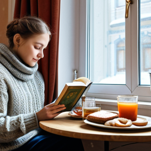 **

A cozy Russian apartment interior in winter. A young woman in a warm, knitted sweater sits by a window, reading a book. A samovar is steaming on the table next to a plate of blini. Snow falls softly outside. "safe for work", "appropriate content", "fully clothed", "modest", "family-friendly", "perfect anatomy", "correct proportions", "natural pose", "professional photography", "high quality".

**