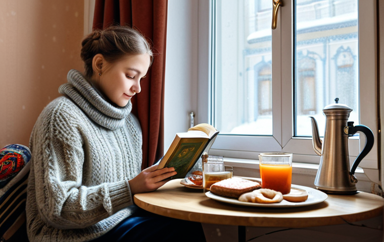 **

A cozy Russian apartment interior in winter. A young woman in a warm, knitted sweater sits by a window, reading a book. A samovar is steaming on the table next to a plate of blini. Snow falls softly outside. "safe for work", "appropriate content", "fully clothed", "modest", "family-friendly", "perfect anatomy", "correct proportions", "natural pose", "professional photography", "high quality".

**